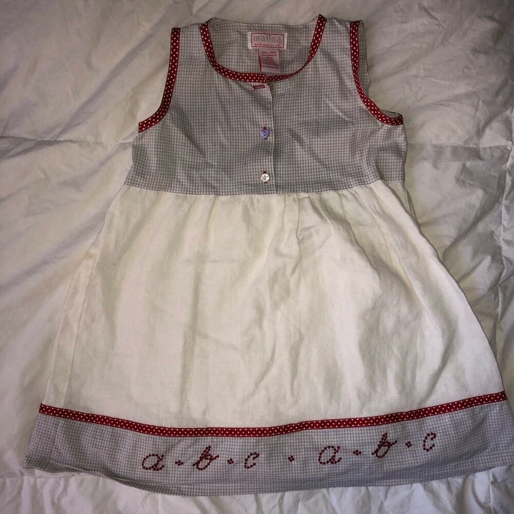 Malina Girls' Linen Dress White Red Embroidered Gingham Size 4T